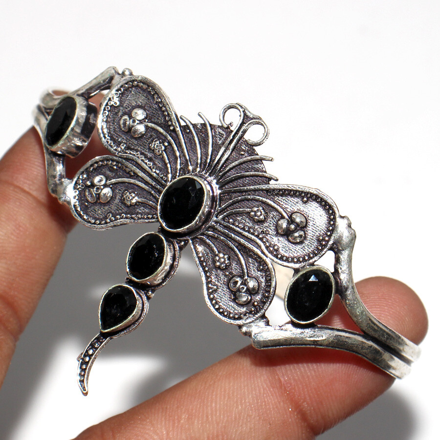 925 Silver Plated Black Onyx Ethnic Butterfly Bangle Jewelry Size FreeSize JW