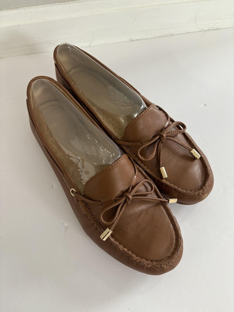 Michael Kors Loafers Shoes Womens Size 8.5 Brown Leather Driver Moccasin Bow