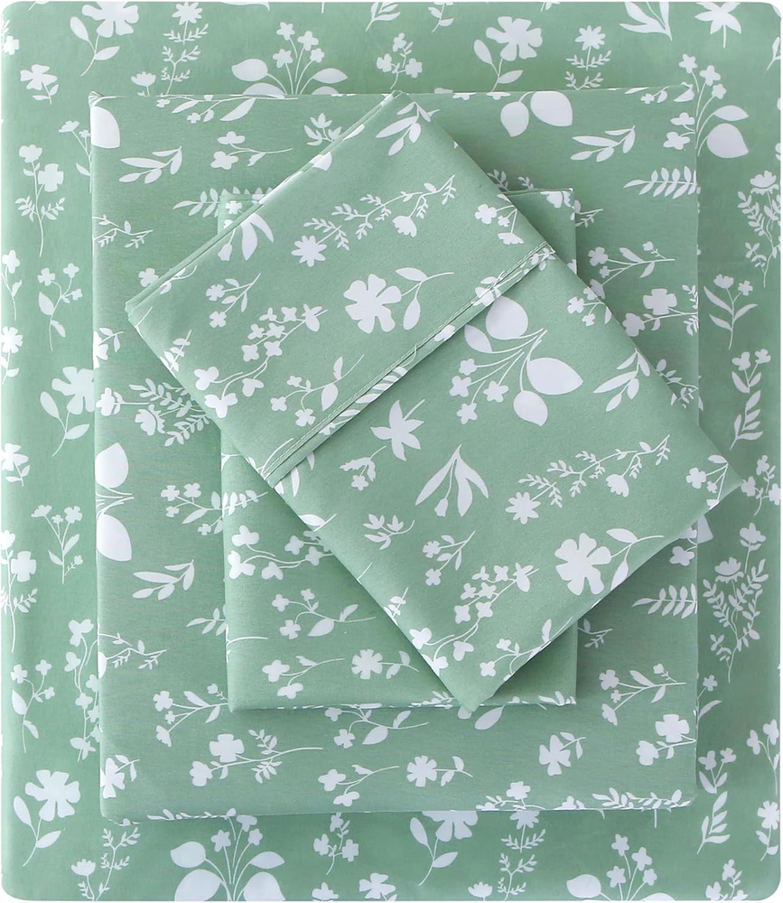 Sage Green Queen Sheet Set - 4 Piece Vintage Green Flower Patterned Bed Sheets -