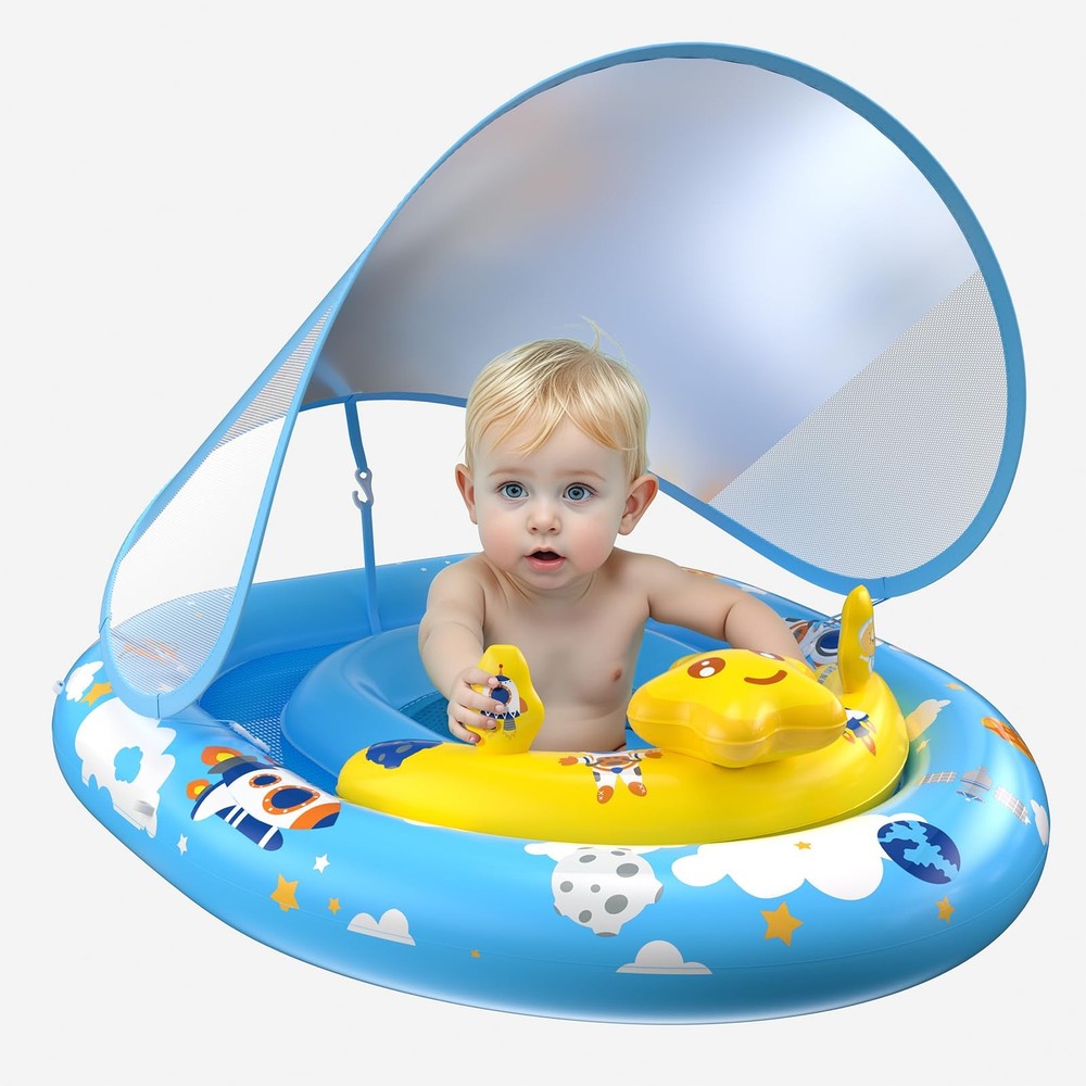 Baby Pool Float with Canopy UPF50+ Sun Protection, Baby Swimming Float with T...