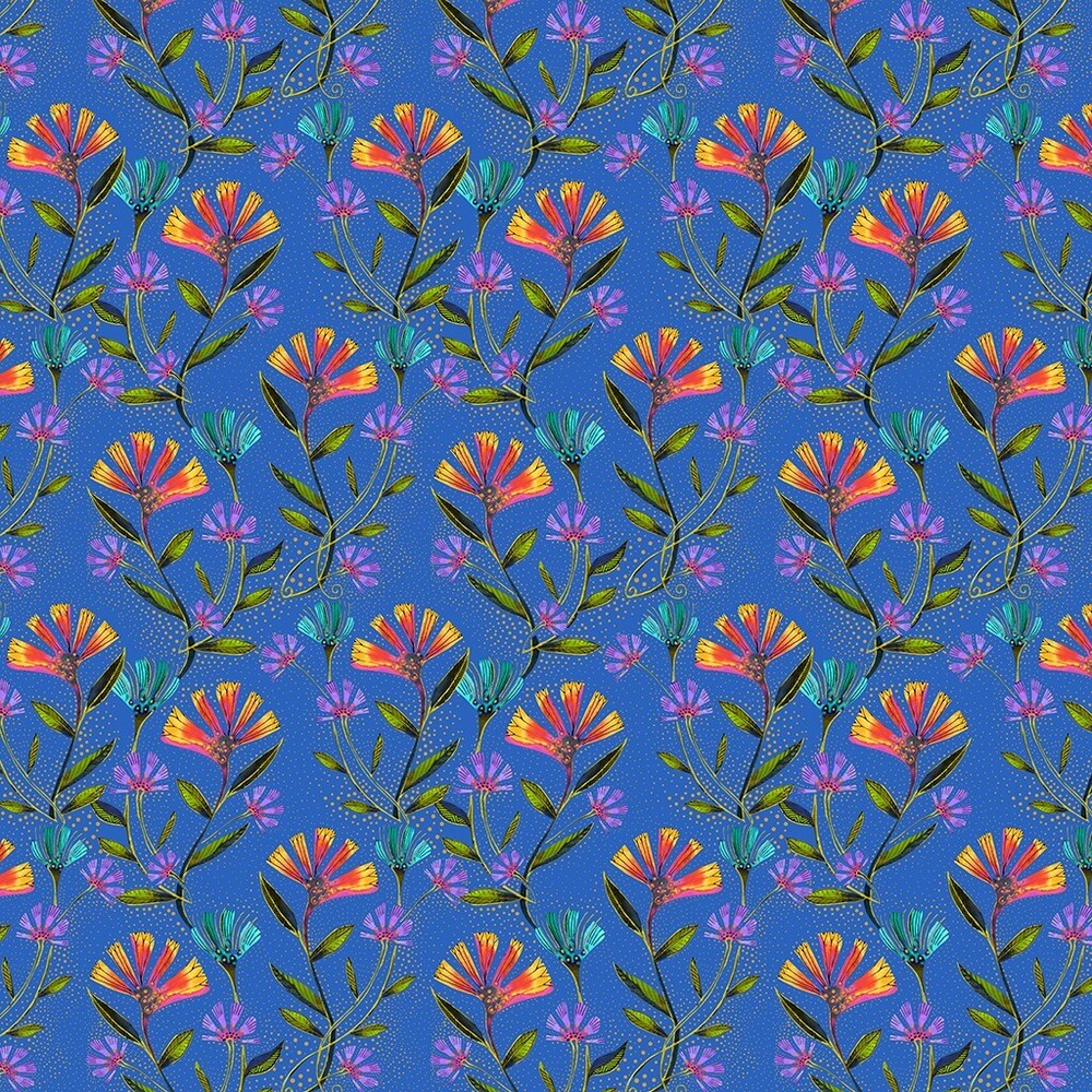 Laurel Burch Earth Song Viney Flowers Multi on Royal Blue Fabric By FQ - 1/4 YD