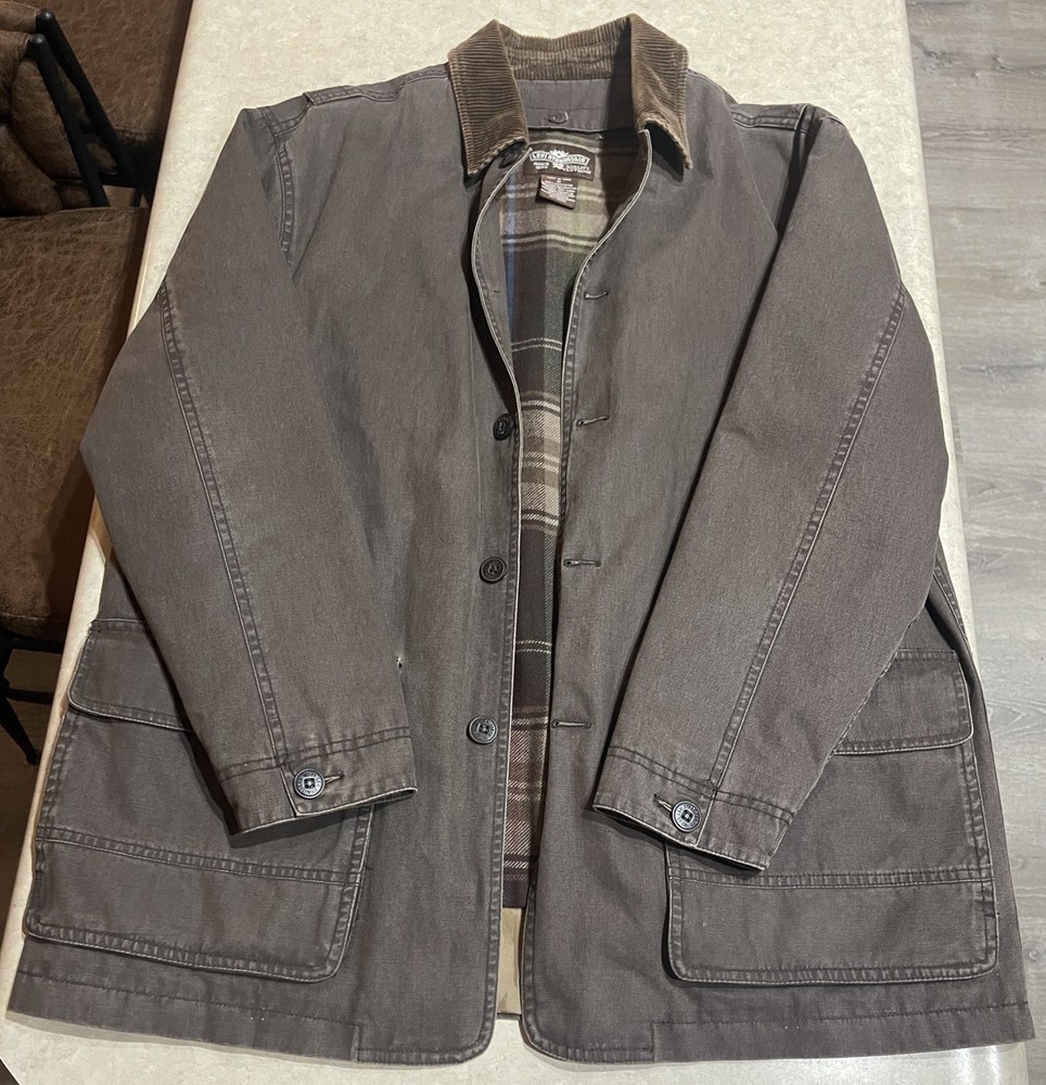 Levi Strauss Chore Jacket Mens Sz M Brown Corduroy Collar Workwear Flannel Lined