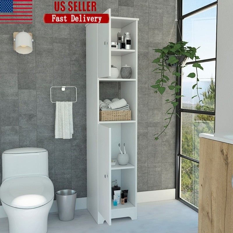 Freestanding Linen Cabinet with Two Doors and Open Shelf for Organized Home Storage