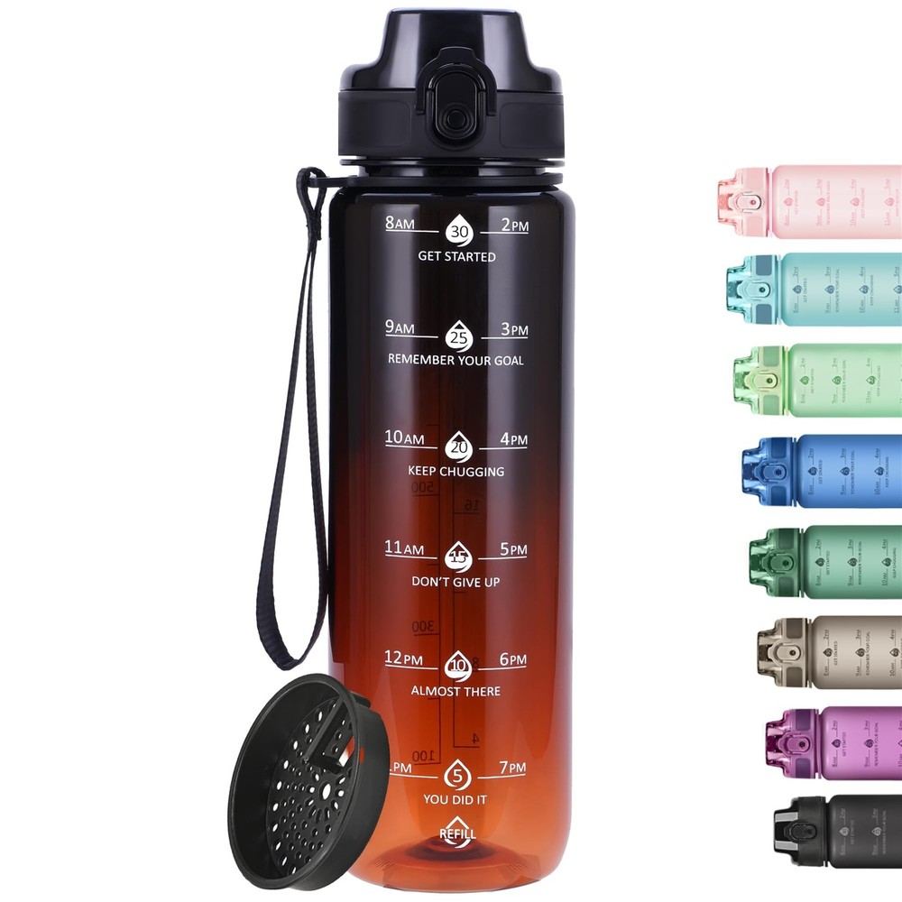 32oz Water Bottle with Straw Black Orange