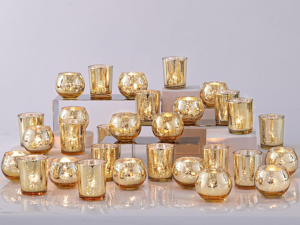 48PCS Gold Votive Candle Holders Bulk for Wedding Decor in Mercury Glass Finish