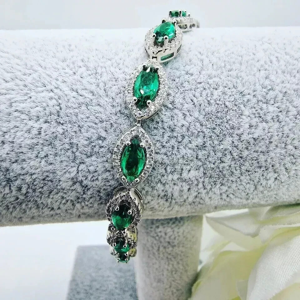 10CT Marquise Lab Emerald Tennis Bracelet 14K White Gold Plated 7 Inch