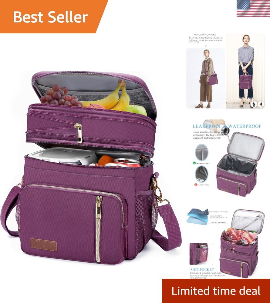 Double Deck Insulated Purple Lunch Bag - 15L Leakproof Cooler for Adults-image