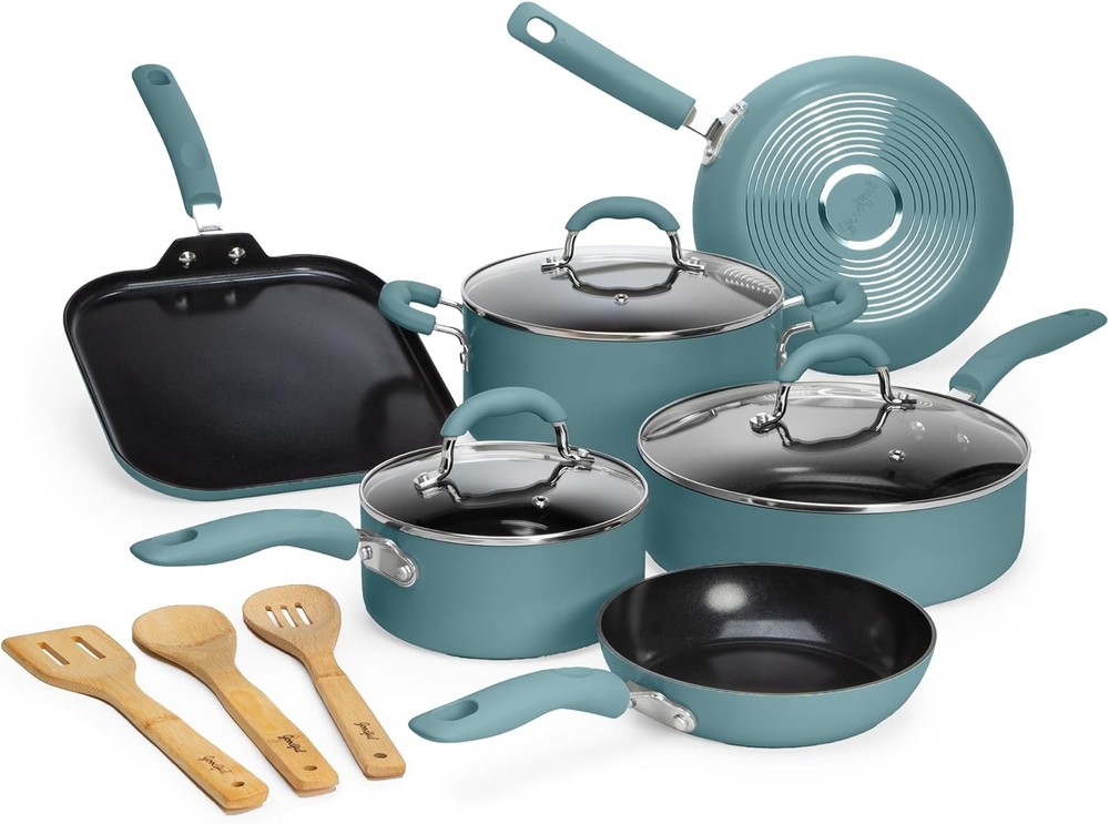 Goodful 12-Piece Ceramic Nonstick Cookware Set in Turquoise