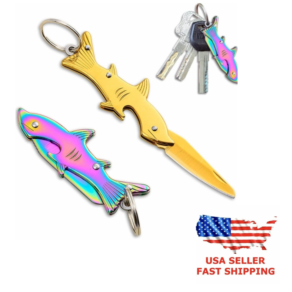 Compact Shark Keychain Folding Knife for Hunting Camping Survival Stainless Steel