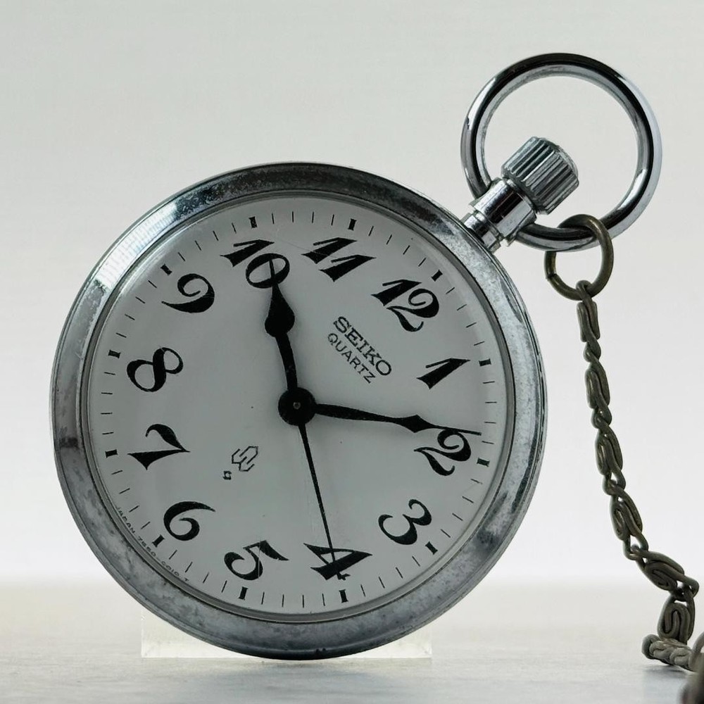 Pocket Watch Men'S Battery Replaced Seiko Quartz 7550-0010 White Dial