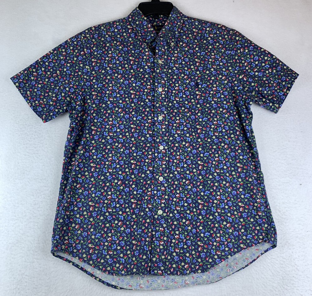 Polo Ralph Lauren Floral Shirt Men's M Button Down Short Sleeve Blue Colorful