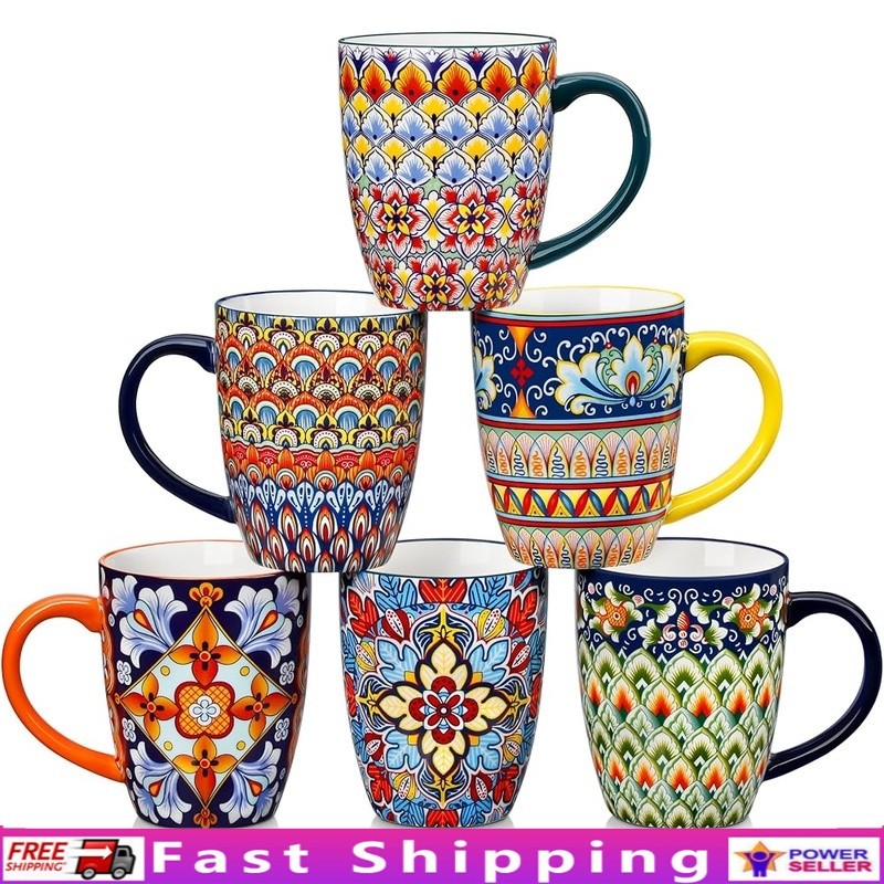 Bohemian Ceramic Coffee Mugs Set Home Office Gift Decor Dishwasher Safe New