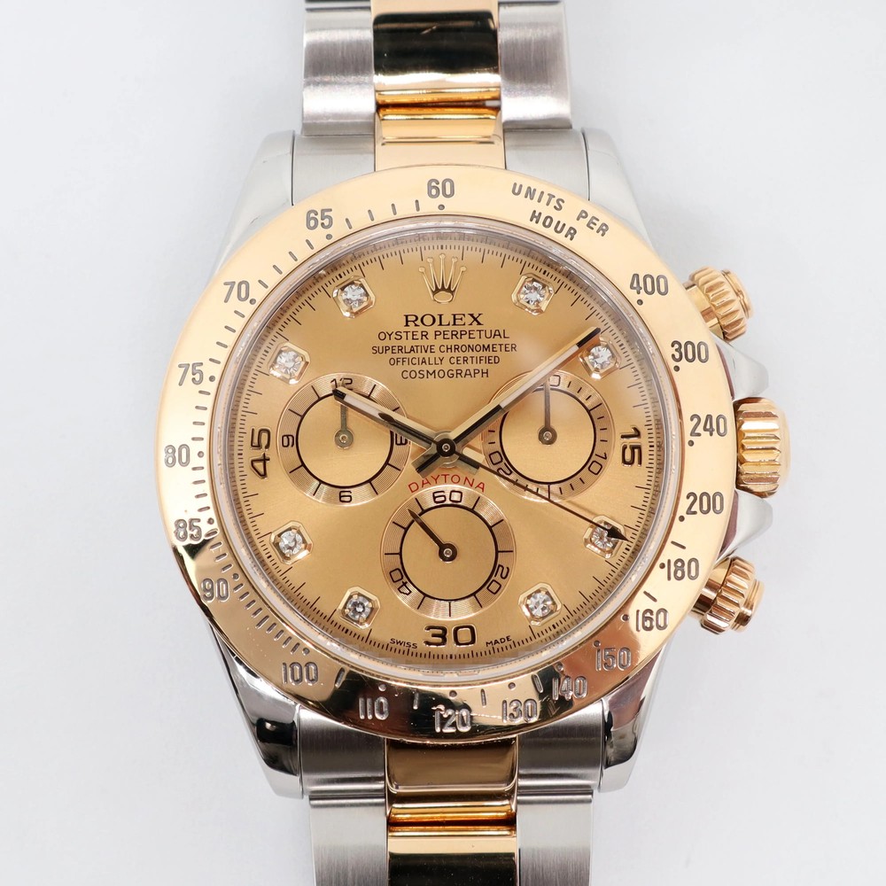 2010 Rolex Daytona 116523G 40mm Champagne Diamond Dial Steel Yellow Gold Men's Watch
