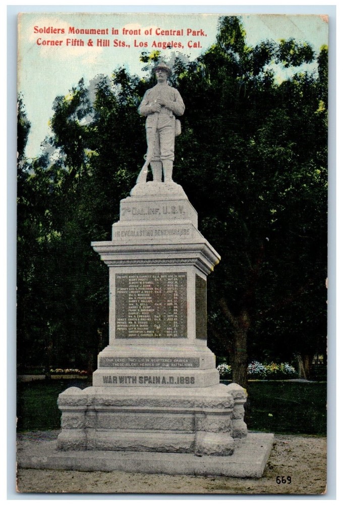 1910 Soldiers Monument Central Park Corner Fifth Los Angeles California Postcard
