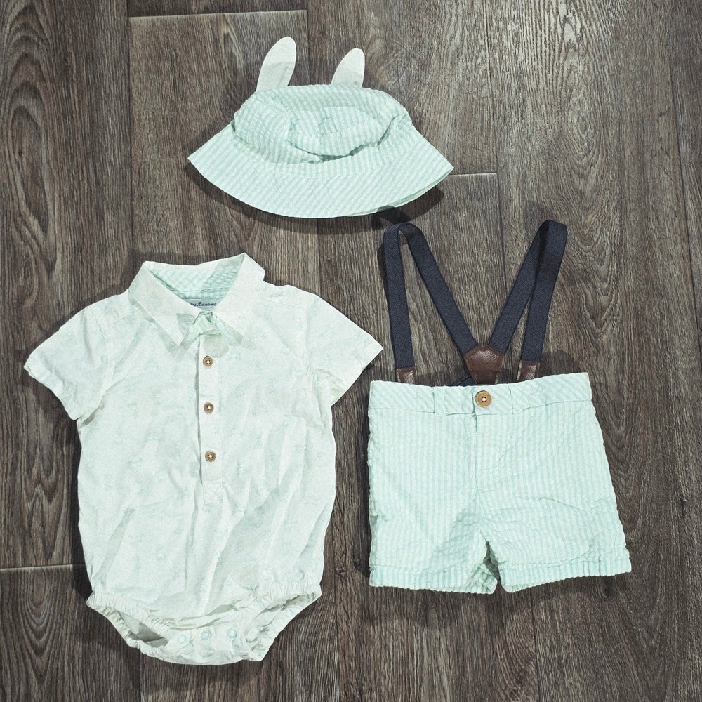 Tommy Bahama Baby Boy 12M Seersucker Shorts Suspenders Hat Bunny Shirt Set 3pc