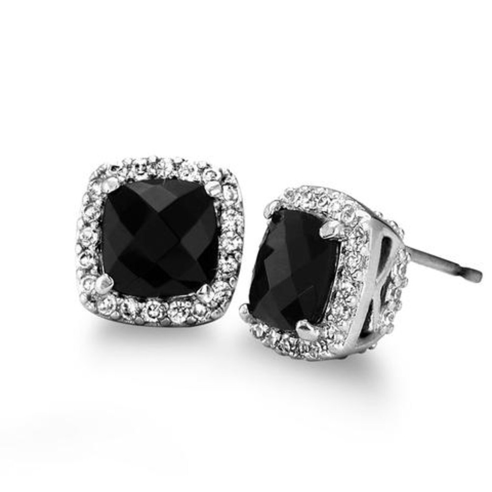 Silver-tone Genuine Black Onyx and White Cubic Zirconia Stud Earrings ONEA