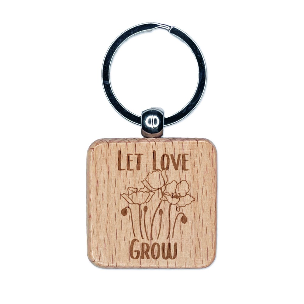 Poppy Flower Engraved Wood Wedding Keychain Charm
