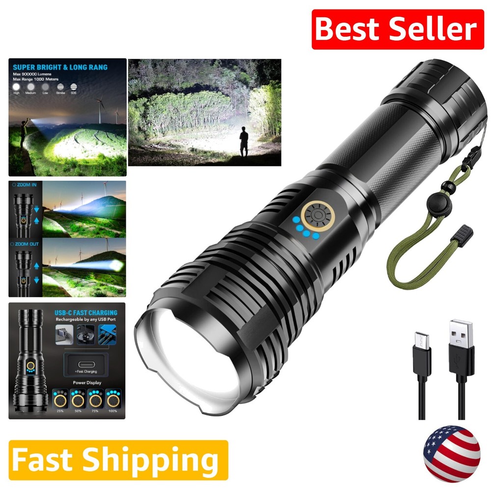 High Power LED Flashlight - 900000 Lumens, 5 Lighting Modes, Waterproof
