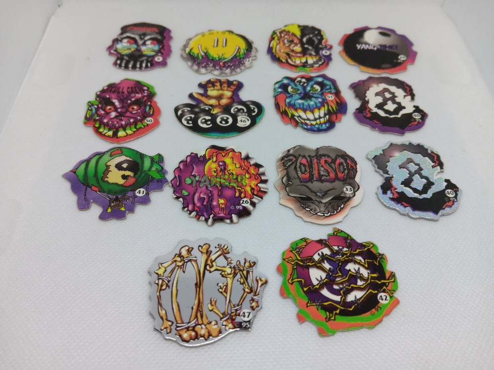 Vintage 90s Pogs Lot Of 16 Poison 8 Ball Milk Caps Die Cut Retro Game