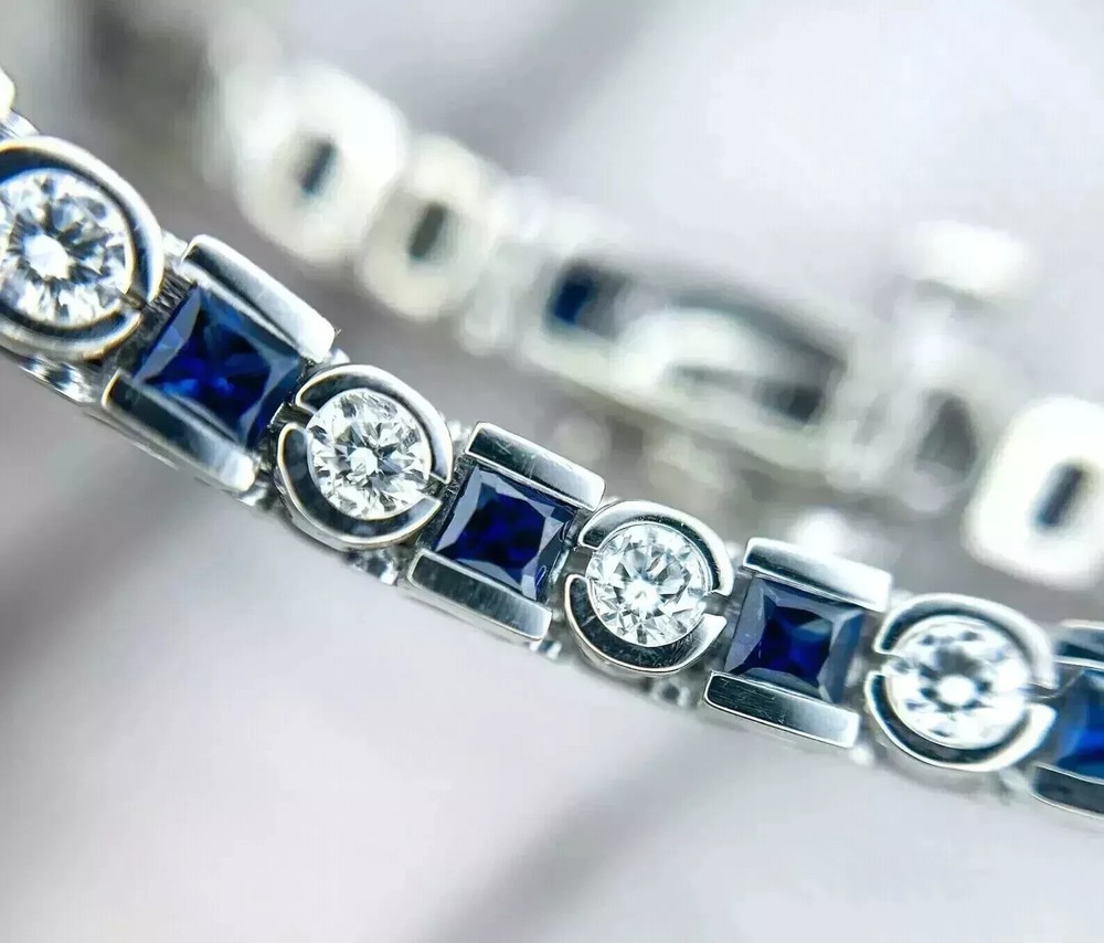 7Ct Princess Cut Lab-Created Sapphire Bracelet in 14K White Gold Plated 7 Inch
