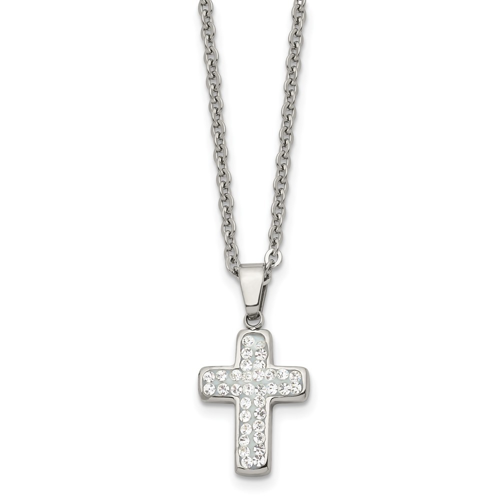 Stainless Steel Polished Crystal Cross Pendant Necklace with 22in Cable Chain 6.99g