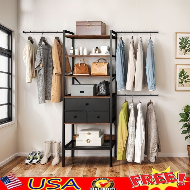 Heavy Duty Black Closet Organizer with 3 Drawers & Adjustable Garment Rack