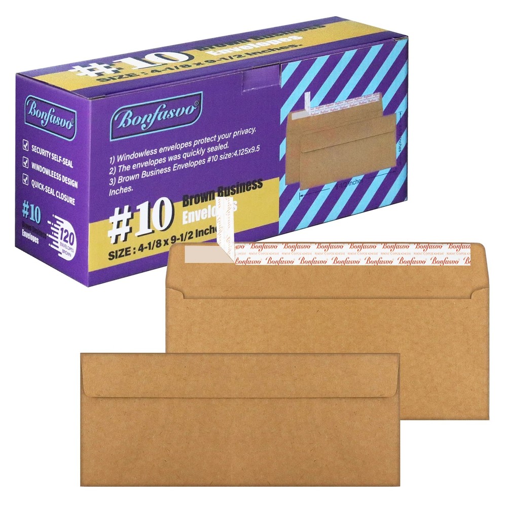 Bonfasvo 120 Pack #10 Brown Security Envelopes 4-1/8 x 9-1/2 inches Self Seal...