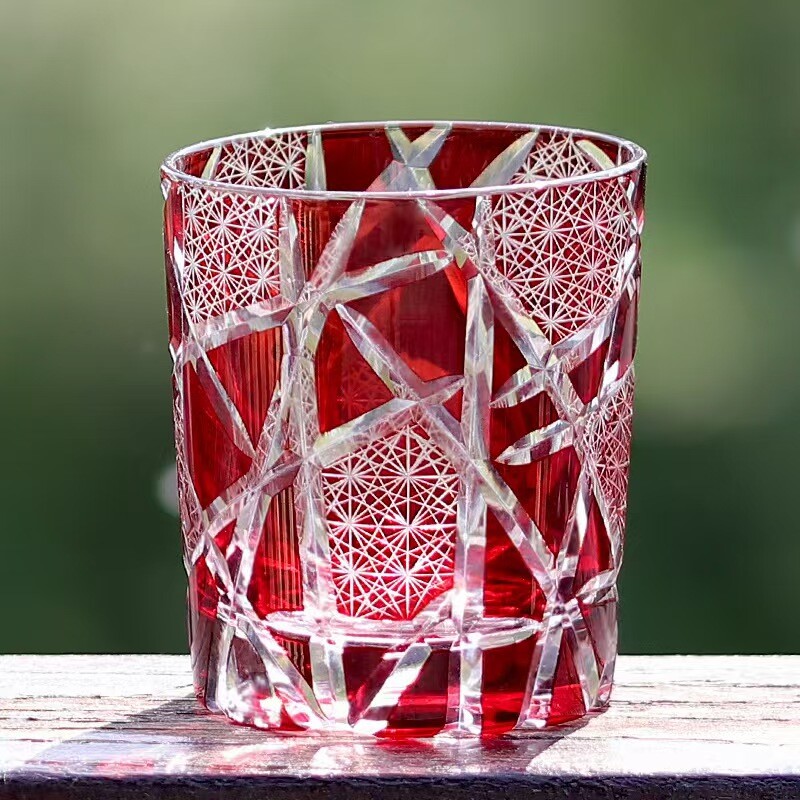 Hand carved Japanese edo kiriko whiskey crystal glass tumbler red art glass 9oz