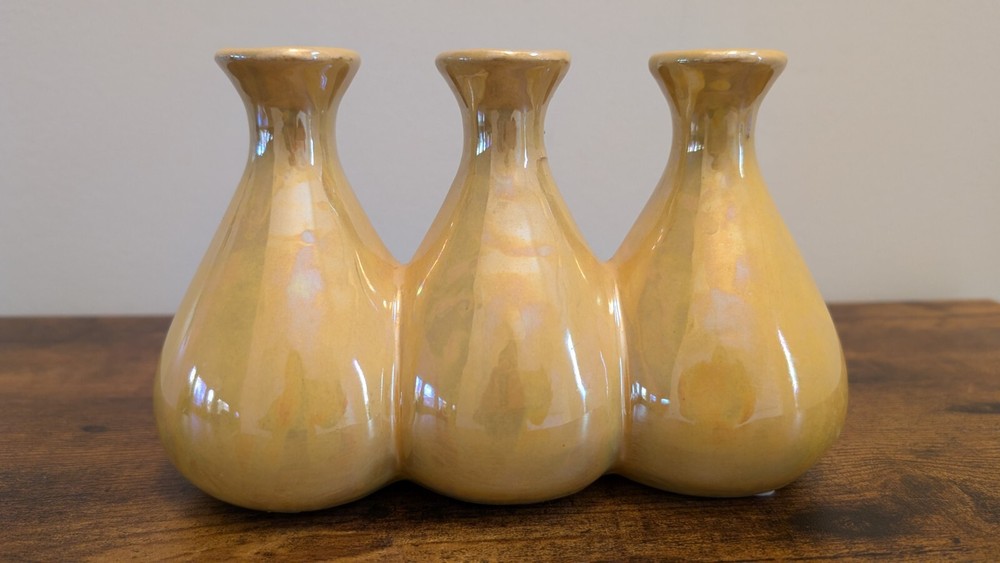 Yellow Luster Triple Bud Vase, Ceramic Retro Iridescent (8