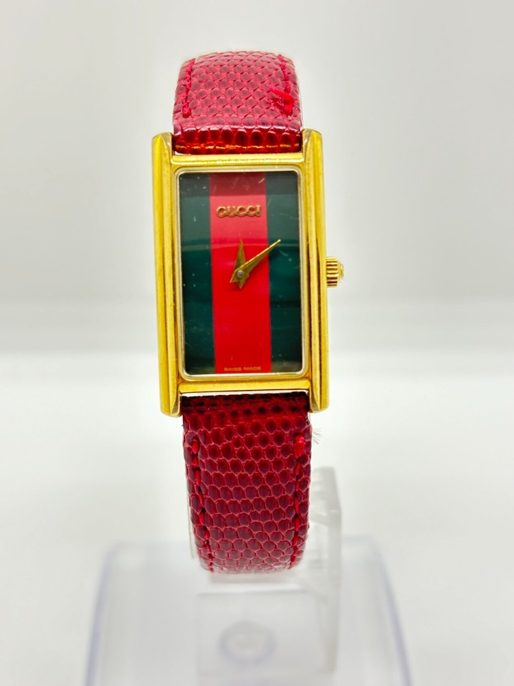 Gucci 2600L Watch with Brown Leather Belt Red Green Sherry Line Near Mint Condition