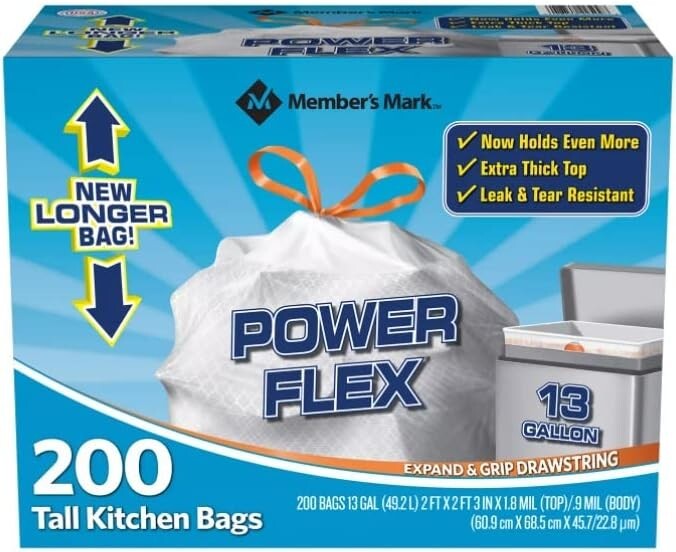Member's Mark Power Flex Tall Kitchen Drawstring Trash Bags 13 Gallon