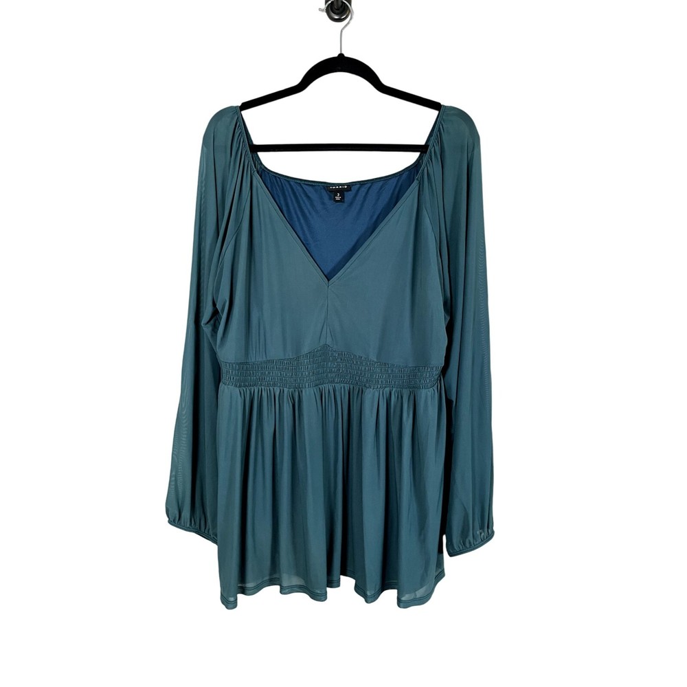 Torrid Top Women 3X Blue V Neck Pullover Smocked Babydoll Stretch Mesh 22