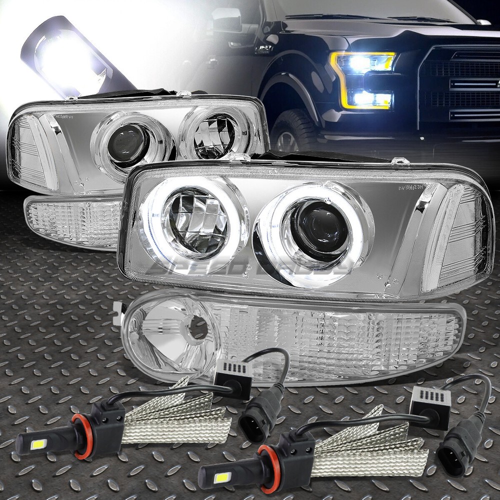 CHROME CLEAR PROJECTOR HEADLIGHT+6000K WHITE LED SYSTEM FOR 01-07 SIERRA/YUKON