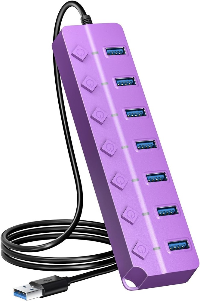 7-Port USB 3.0 Hub with Individual On/Off Switches in Purple