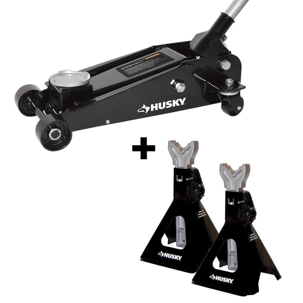 Husky 3-Ton Floor Garage Car Jack and 2 Jack Stands