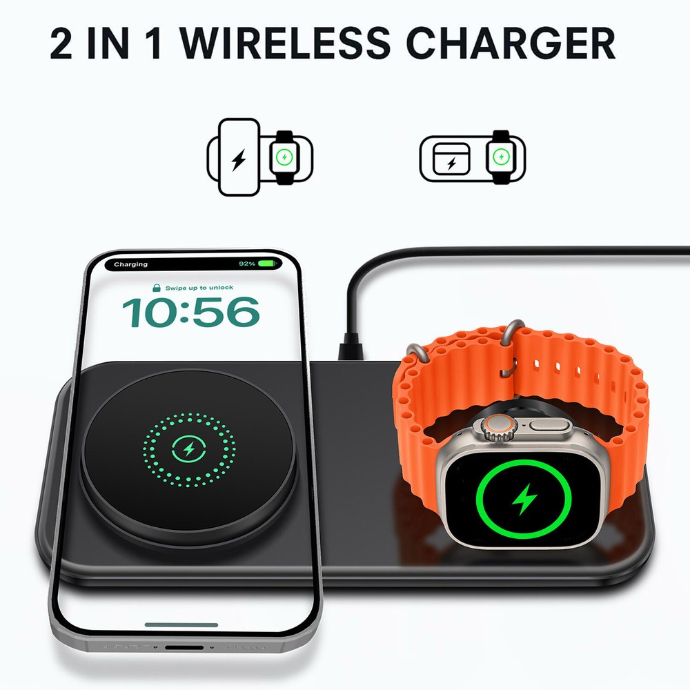 2in1 Wireless Charger Pad For Apple Watch Ultra 10 9 iPhone 16 15 14 13 12 11 XS