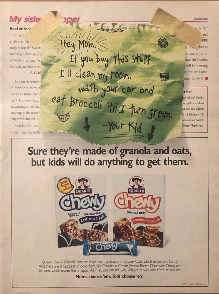1998 Quaker Chewy Granola Bars PRINT AD Kid Note Mom - Will Eat Broccoli VTG 90s