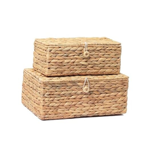 2-Piece Rattan Storage Bins with Lids - Wicker Decorative Baskets