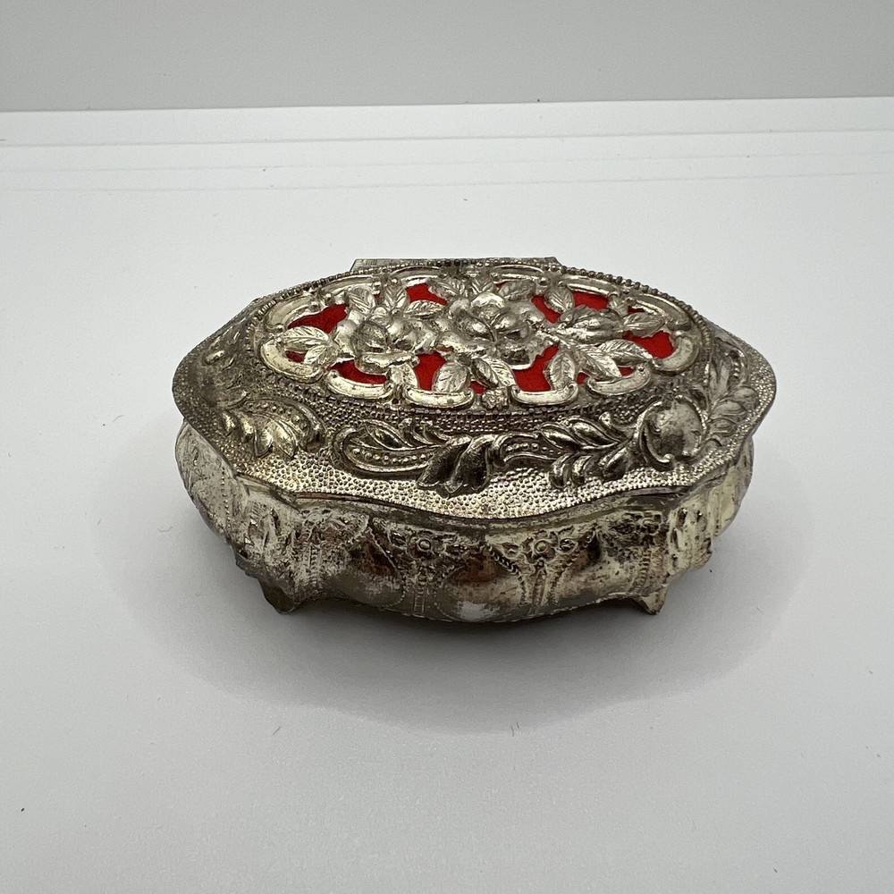 Vintage Japan Silver Tone Floral Trinket Jewelry Box Red Velvet Lined