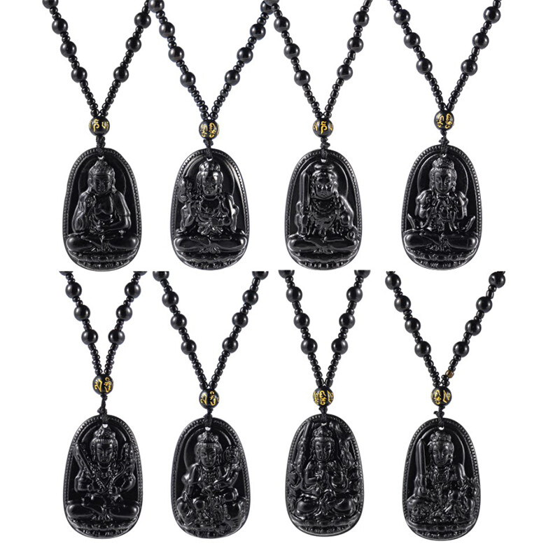 Obsidian Stone Buddha Beads Chain Necklace Imitate Jade Buddhism Jewela5