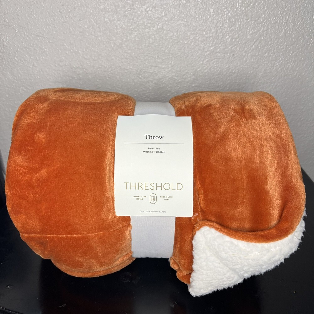 Threshold Reversible Plush Throw Blanket 50x60 – Rust Orange Cozy Soft