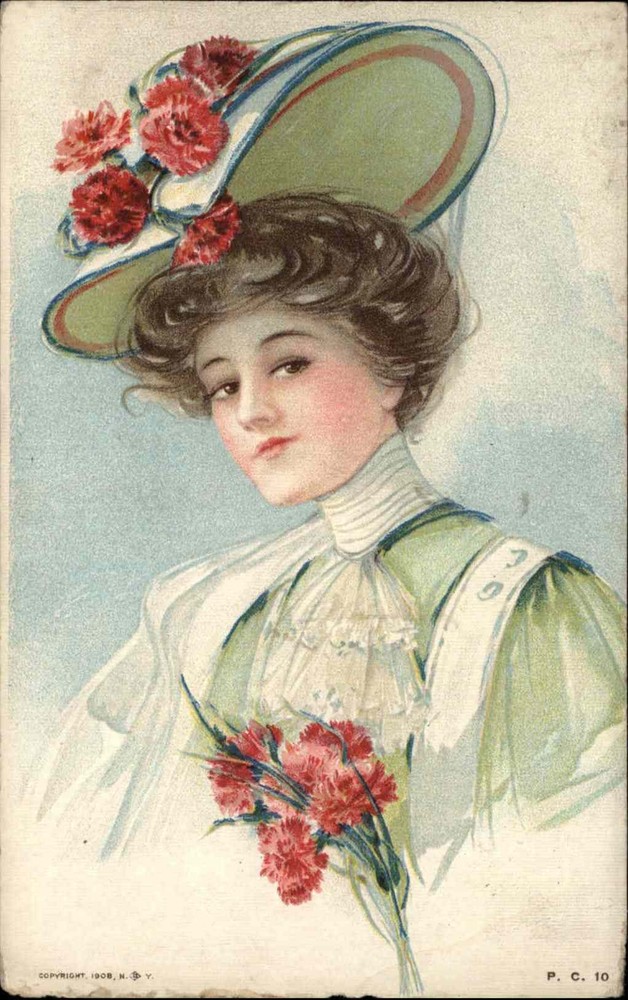 Vintage PC Beautiful Woman Fashionable Hat Carnations #10 Maud Humphrey Bogart