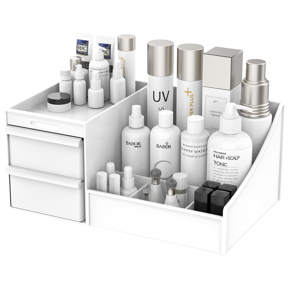 White Vanity Makeup Organizer with Drawers for Brushes & Lipstick