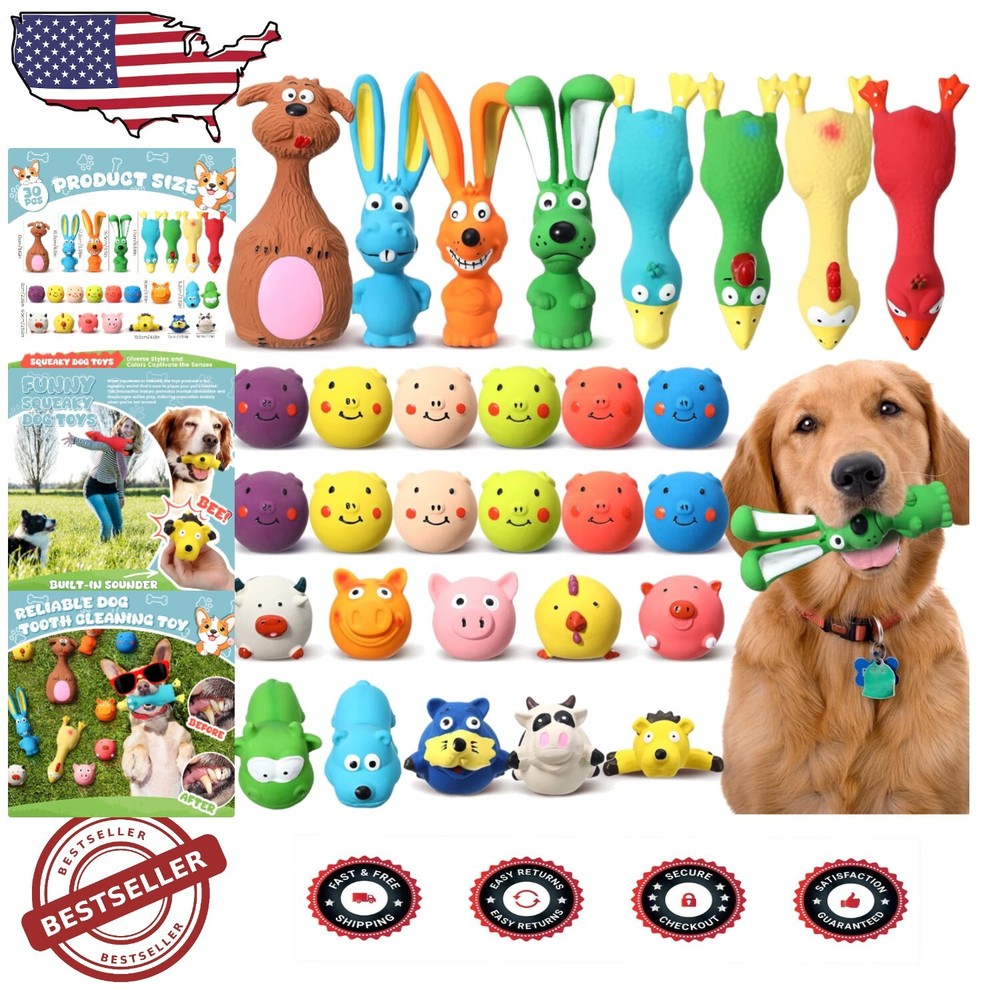 Durable Squeaky Dog Toys Set - 30 Latex Animal Designs for Endless Fun