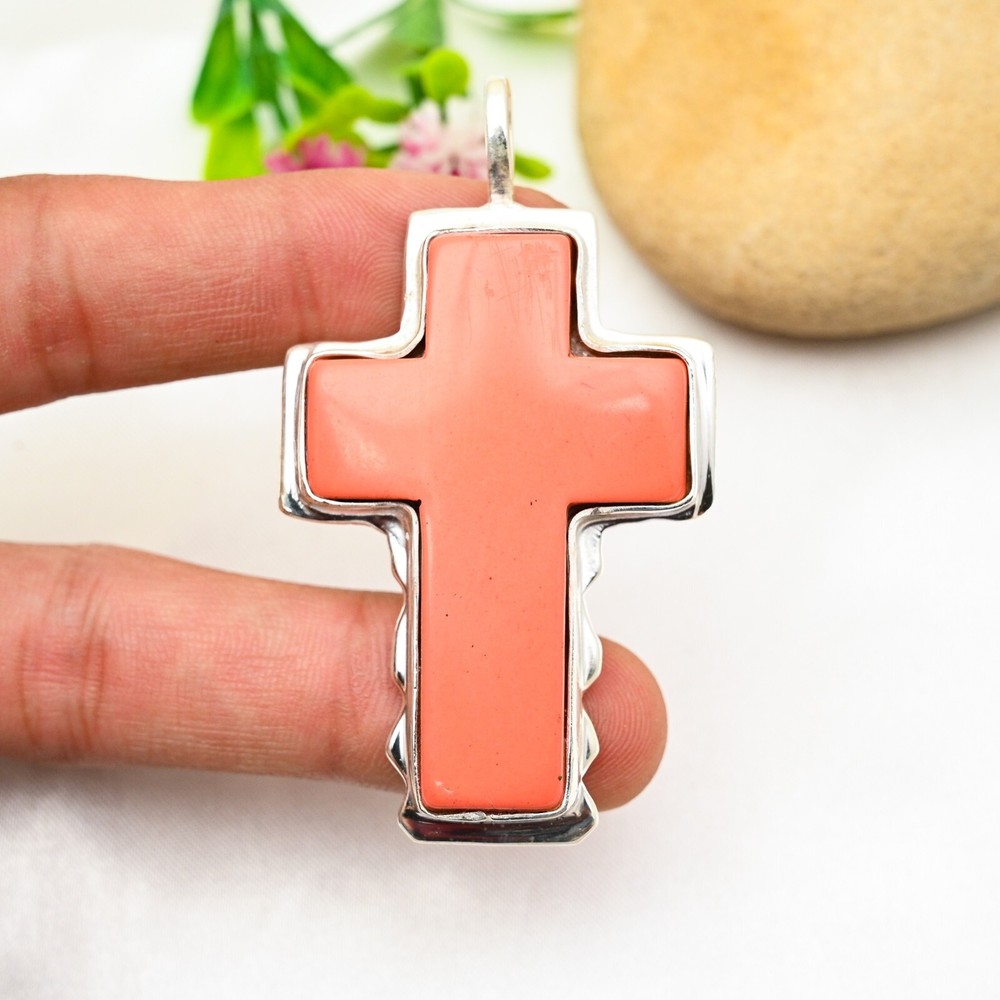 Red Coral Gemstone Cross Pendant in 925 Sterling Silver Handmade Jewelry Gift