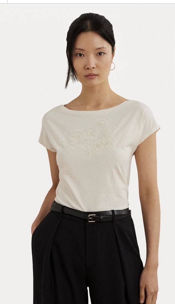 Lauren Ralph Lauren Plus Size Embroidered Boatneck Tee 3X Cotton Jersey