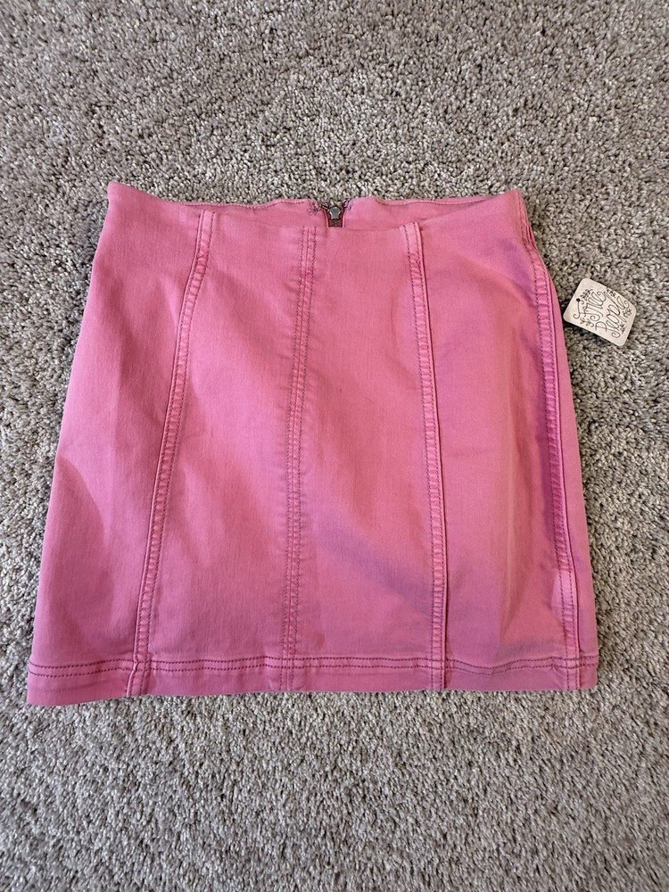 NWT Free People Modern Femme Denim Mini Skirt 6 Pink Back Zip Stretch Skirt