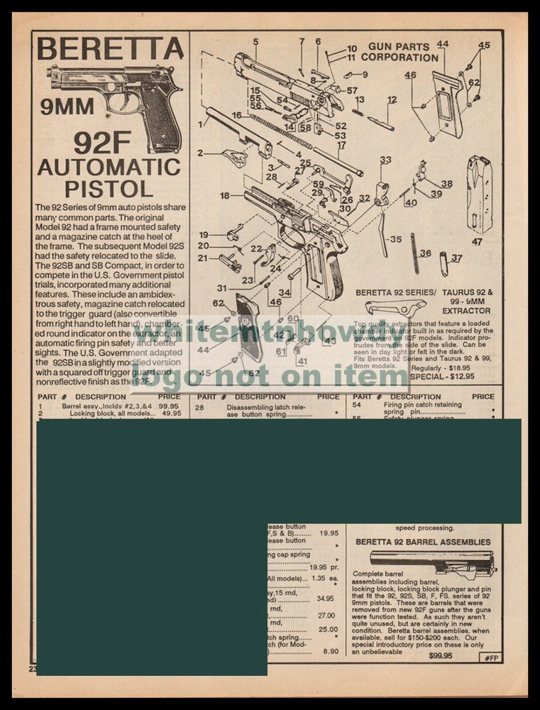 1998 BERETTA 92F 9mm Automatic Pistol Schematic Parts List