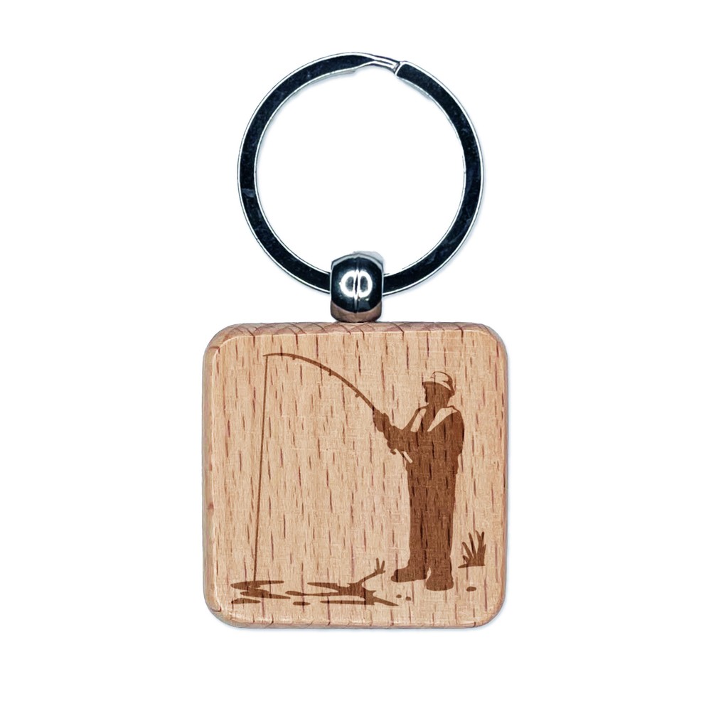 Engraved Wood Keychain with Fisherman and Fishing Rod Design  