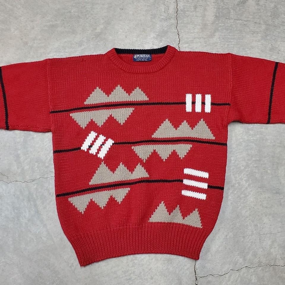 Vintage Puritan 80s Red Geometric Pattern Acrylic and Wool Blend Knit Sweater